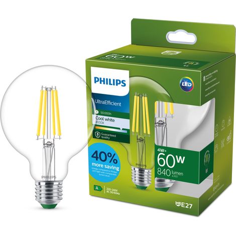 ampoule LED Ultra Efficient Classe A, 60W, format globe, culot E27, blanc froid 4000K, transparente (1/5)