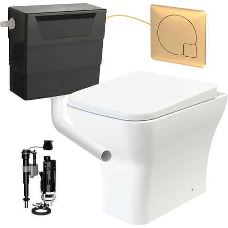 Square Rimless Back to Wall Toilet Pan with Soft Close Seat & Concealed Cistern Brushed Brass Plate Button (1/5)