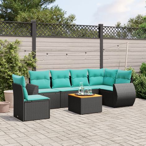 7-teiliges Gartensofa-Set mit Kissen, schwarzes Polyrattan (1/5)
