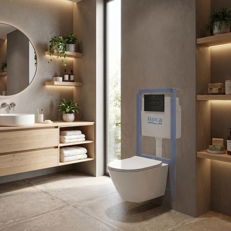 Pack WC con bastidor Roca + WC suspendido sin brida Swiss Aqua Technologies con tapa SoftClose + placa (ROSTINWR03-IN)