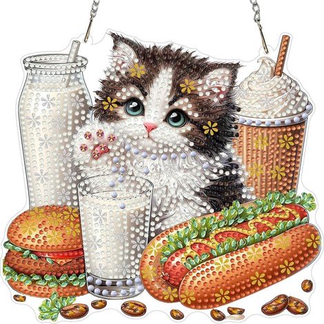 Diamantmalerei Anhänger Katze mit Frühstück, doppelseitig, zum Aufhängen