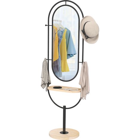 Miroir sur pied ovale plateau bois 4 crochets cadre métal noir 50x40x175.5 cm