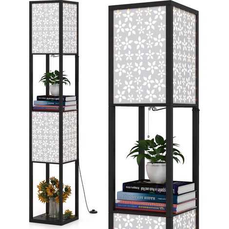 COSTWAY 2-Light Floor Lamp Freestanding Display Light with Shelves-Black (1/5)