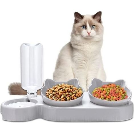 Doppelt erhöhter Katzennapf, automatischer Futter- und Wasserspender für Katzen und Hunde, 15° Neigung, Nackenschutz, Anti-Erbrechen, für Kleintiere (Grau) (1/5)