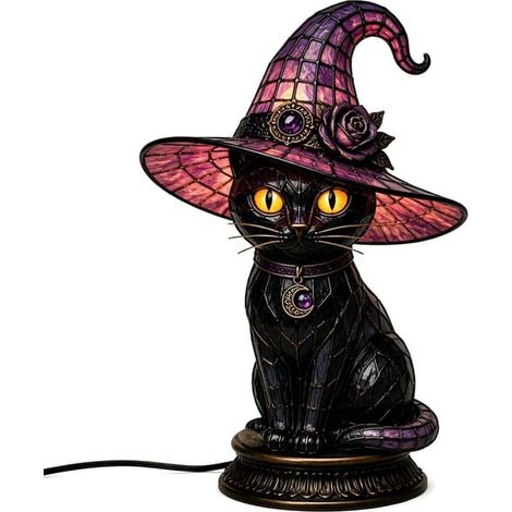 Lampe gothique d'Halloween avec chapeau de sorcière, lampe de table décorative style vintage, veilleuse LED pour chambre, étagère et table chat rose (1/5)