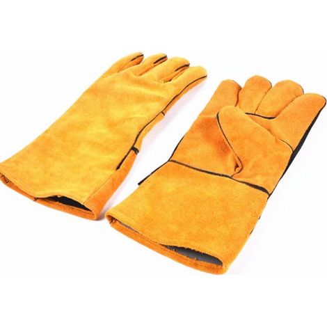 Pair of Heat Resistant Wear Resistant Welding Gloves Yellow Leather Lined Wood Stove BBQ Grill Gardening Gloves for Men MUMU