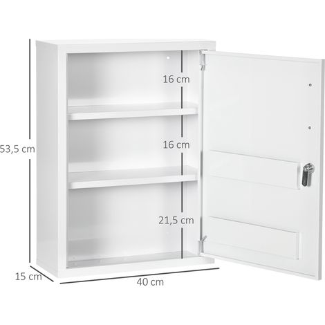 Armoire à pharmacie murale verrouillable avec 2 clés en acier blanc 40x15x53,5cm pour salle de bain et cuisine (1/5)
