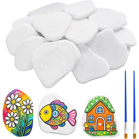 25 Galets Blancs Lisses 3-8 cm avec Pinceau, Galets Blancs à Peindre pour Aménagement de Jardin, Plantes en Pot et Décoration d'Aquarium (Blanc) (1/5)