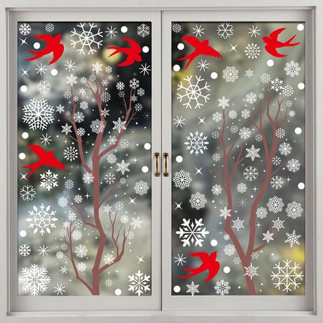 Autocollants pour fenêtre flocons de neige blancs et branches d'arbre, autocollants scène de forêt enneigée avec colibris, décorations de Noël hivernales, décorations de fenêtre statiques, anti-collis