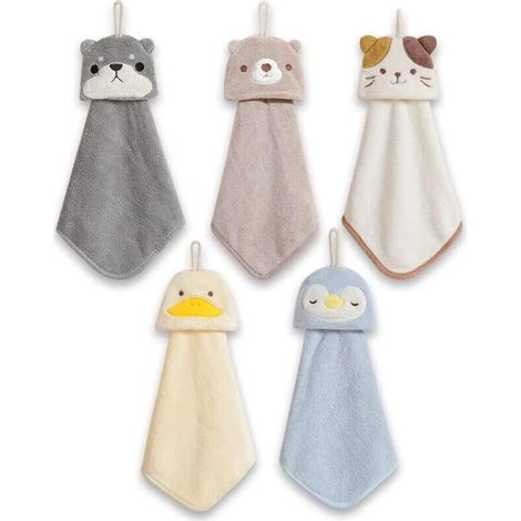 Lot de 5 essuie-mains à suspendre avec boucle de suspension absorbante en polaire corail pour salle de bain - Torchon doux et épais - Essuie-mains ronds (5 couleurs) (1/5)