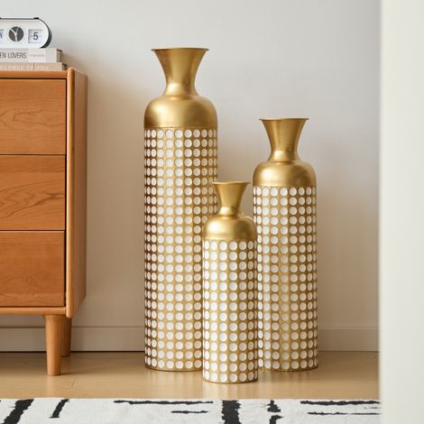 Set de 3 vases de sol en métal doré à pois blancs, 83 cm / 66 cm / 50 cm, pour fleurs séchées HAVRYA (1/5)