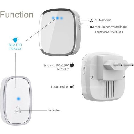 Campanello senza fili per esterni impermeabile IP44, campanello da 300 metri, kit campanello con LED flash, 1 trasmettitore e 2 ricevitori, 5 livelli di volume (1/4)