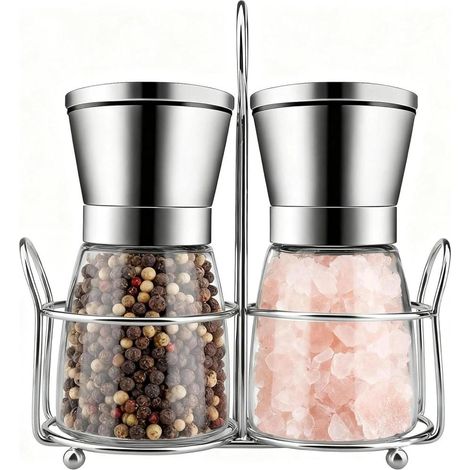 Lot de 2 moulins à épices avec support 180ml sel poivre verre inox céramique (1/5)