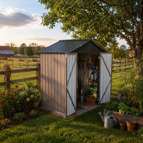 Metall-Gartenschuppen 6x4 ft mit Spitzdach in Braun-Schwarz als Außenlager. Der Schuppen ist mit einem integrierten Bodenrahmen ausgestattet. Grundfläche: 1,95 m². (1/5)