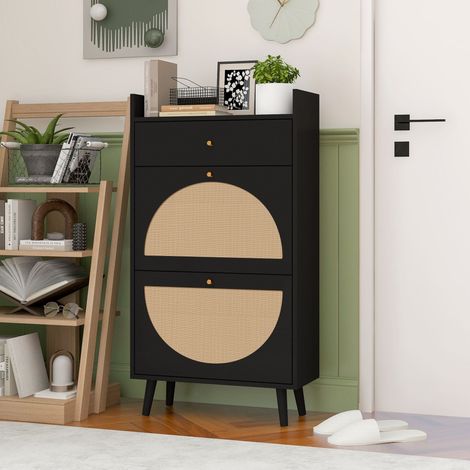 Armoire chaussures noire 2 portes 1 tiroir, style rotin, portes demi-lune réversibles, double étagère, 60 cm, sans fond, parfaite pour entrée