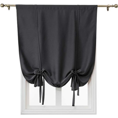 Rideaux de fenêtre à nouer, 1 panneau de poche à tringle, couleur unie, rideaux courts pour intérieur, maison, balcon, chambre à coucher, salon, cuisine (noir, 60 x 120 cm) (1/5)