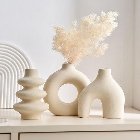 Vases decorative, style bohemian modern, for the decoration indoor, centers of table round in ceramic white, set of 3, Beige (1/5)
