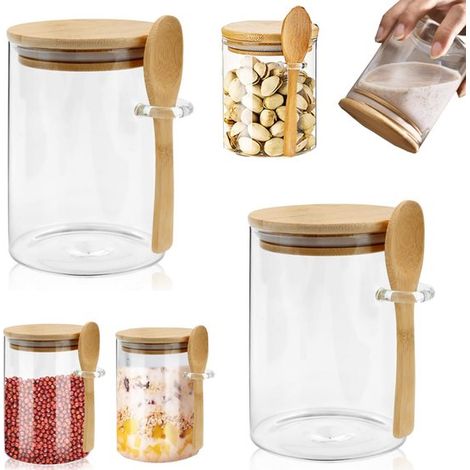 Récipients en verre, boîte à thé hermétique, bocaux de conservation, pots à yaourt, pots à épices ronds avec cuillères pour conserver le yaourt, les haricots, les épices, la farine, (1/5)