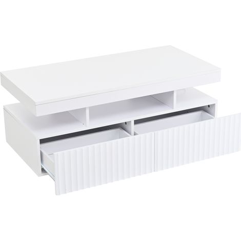 Table basse blanche avec 2 tiroirs, LED réglable et surface texturée 100 x 50 x 45 cm (1/5)