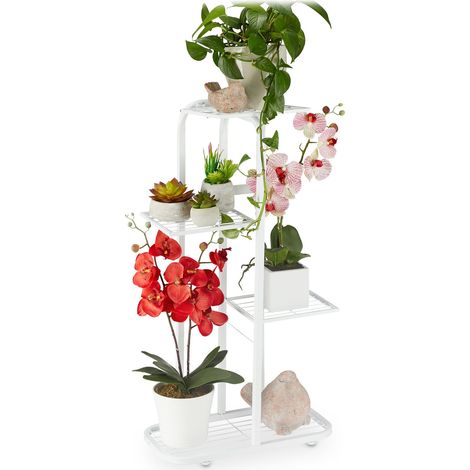 Relaxdays Blumentreppe Metall, 4-stufige Blumenetagere, draußen & drinnen, HBT: 81 x 44 x 24,5 cm, Pflanzenregal, weiß