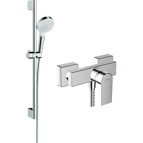 Conjunto de grifería mecánica para ducha HANSGROHE Vernis Shape + cabezal de ducha Crometta EcoSmart 2 chorros + manguera 160 cm + barra cromada 65 cm (1/4)