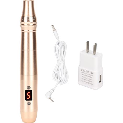 Stylo électrique micro-aiguilles rechargeable, machine beauté 5 vitesses, lumière rouge et bleue, couleur or, 100-240V, prise américaine. (1/5)