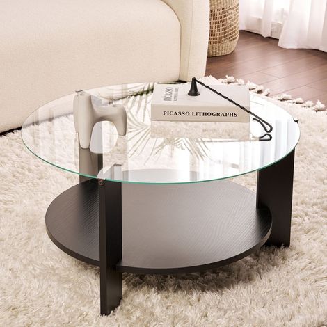 Mesa de Centro Canevino, Forma Redonda, Material Tapa en Vidrio, Color Transparente, 75x75x40h cm Negro (1/5)