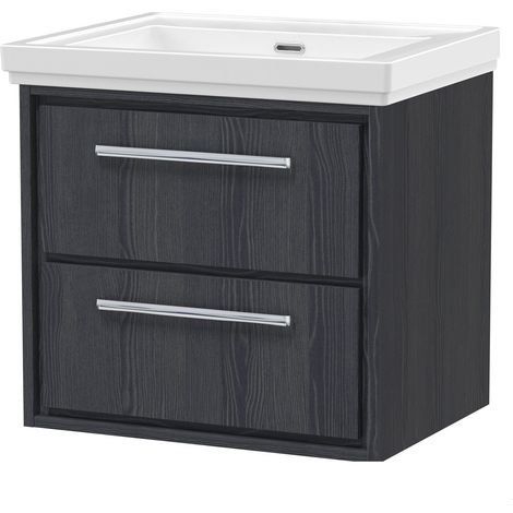 Longnor 2 Drawer Wall Hung Vanity Unit with 0 Tap Hole Traditional Fireclay Basin, Woodgrain Graphite Grey, 600mm