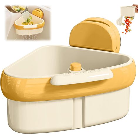 Panier filtrant d'angle pour évier de cuisine amélioré 2025 - orange. Collecteur de déchets alimentaires multifonctionnel avec système de vidange automatique par simple pression et porte-éponge à vent