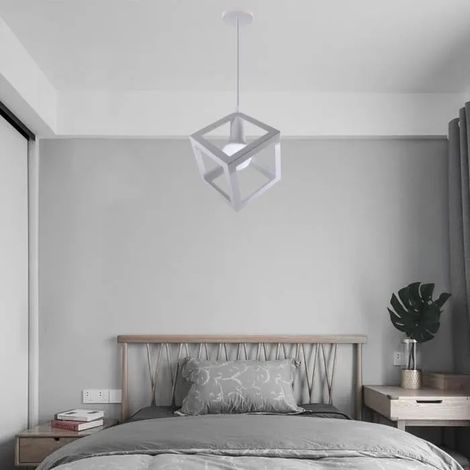 Moderne Lustre Suspension Luminaire Cage Carré Blanc en Fer Lampe Suspension Pendentif pour Chambre Salon (1/4)