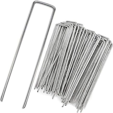 Pack de 100 piquets de fixation en U 4x40x100 mm – Agrafes en acier galvanisé pour toile de paillage, tissu paysager et gazon (1/5)