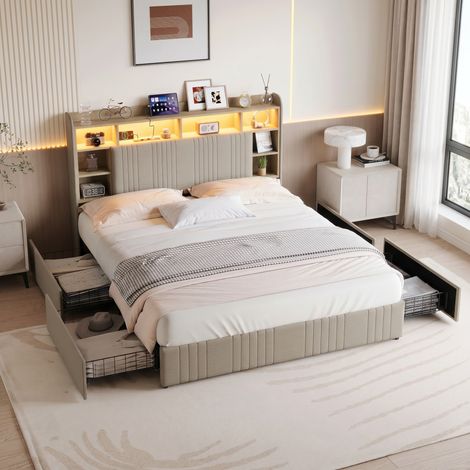 Cama individual de 160x200 cm – Cabecero con múltiples compartimentos – Iluminación LED RGB – Somier de láminas – 4 cajones – Ropa de cama beige (1/5)