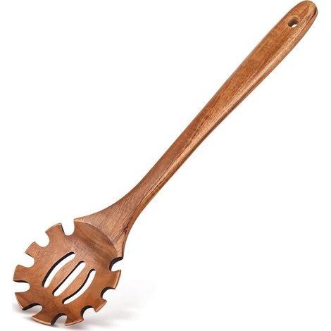 Cuchara para fideos, Madera dentada, Colador de pasta ranurado, servir, Cuchara de pasta de madera, Color madera, 33 cm de largo (1/5)