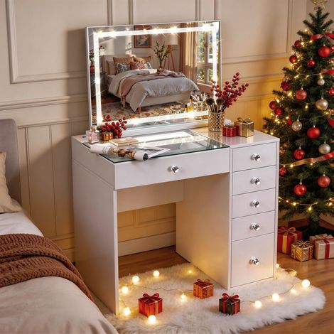 FENCHILIN Tocador con iluminación LED, intensidad regulable, 6 cajones, 92 x 81 x 55 cm, espejo de cortesía incluido, blanco