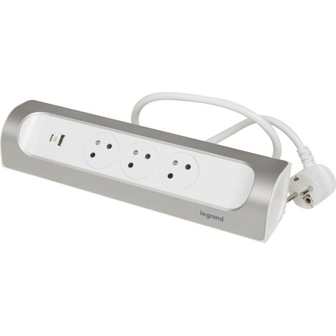 LEGRAND - Rallonge multiprise à installer dans angle avec 3 prises Surface avec terre , USB Type-A+ Type-C avec cordon longueur 1m - blanc et alu (1/7)