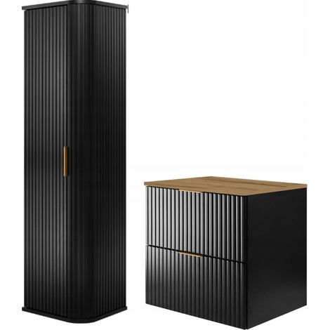 Rodan Badmöbel Set Schwarz Matt und Eiche Craft, Waschbeckenunterschrank 46 x 60 x 57 cm und Hochschrank 35 x 139 x 31 cm, feuchtraumgeeignet