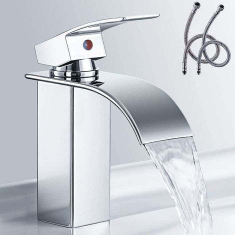 Moderne Robinet Salle de Bain, Design Elégant Robinet Lavabo Cascade, Mitigeur Salle de Bain en Laiton, Eau Chaude et Froide Disponible, Robinetterie Cascade Chromé (1/5)