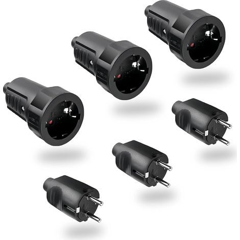 Noir 3 Paires Fiche Male Femelle Etanche Exterieur Prise 250V 6A IP44 Raccord Prise à 2 Broches Pieds Ronds Fiche Prise Electrique Sans Câble