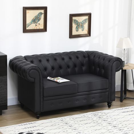 Sofá de dos plazas estilo Chesterfield de piel sintética, sofá de dos plazas capitoné para sala de estar con reposabrazos y acolchado grueso, sofá con patas de madera de caucho para sala de estar y of