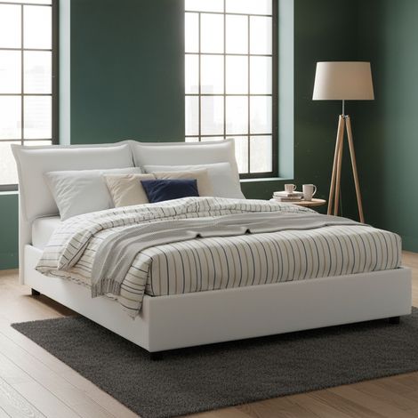 Talamo Italia Letto matrimoniale Sabrina, Letto contenitore con rivestimento in tessuto, 100% Made in Italy, Apertura frontale, con materasso Cm 160x200 incluso, Bianco, con imballo rinforzato (1/5)
