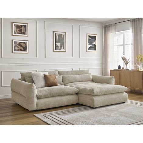 Bobochic – Canapé d'angle fixe 3 places – Tissu texturé beige – Longueur 276cm – Largeur 140cm – Hauteur 86cm – Confort moelleux (1/5)