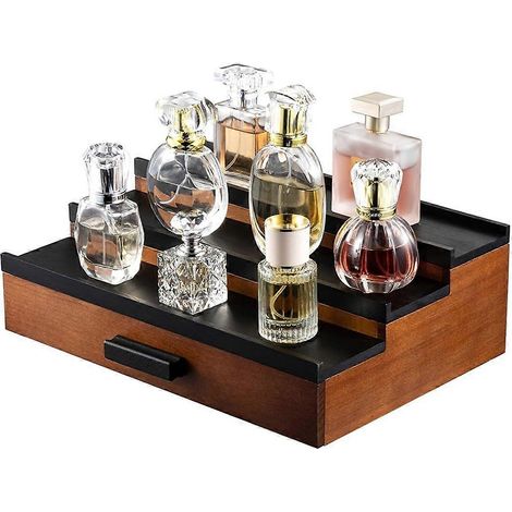 Étagère de rangement en bois pour flacons de parfum, pour coiffeuse homme, présentoir à 3 niveaux avec tiroir et plateau de rangement compartimenté. (1/5)