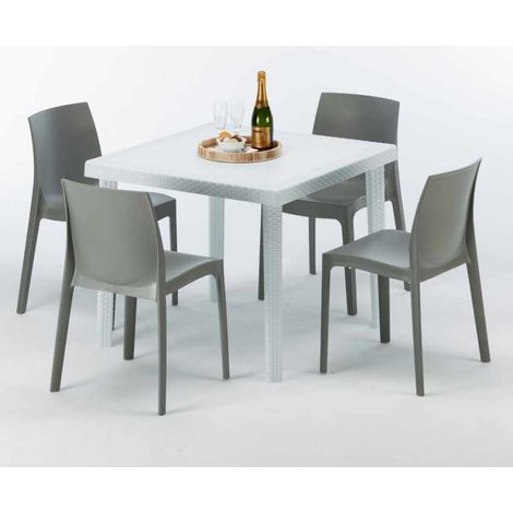 Weiß Quadratisch Tisch und 4 Stühle Farbiges Polypropylen-Außenmastenset Grand Soleil Rome Love - Grau