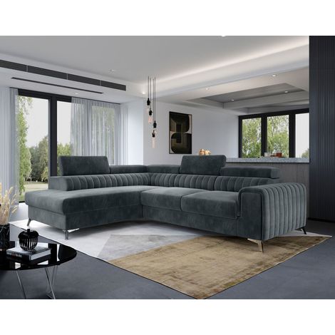 Bestmobilier – Canapé d'angle gauche 5 places convertible – Coffre de rangement – Velours gris – Dimensions 278x205cm – Têtières réglables (1/5)