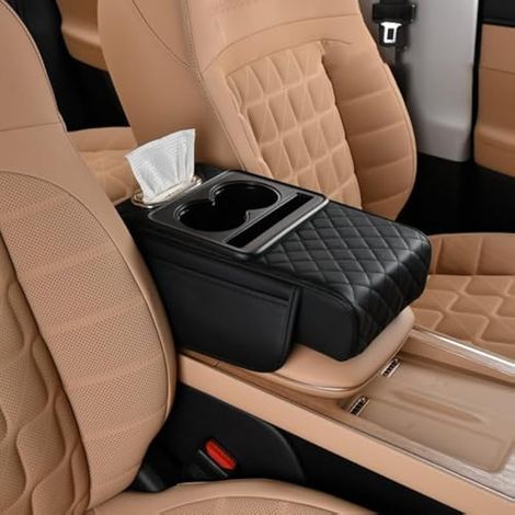 Coussin d'accoudoir de voiture universel pour console centrale de voiture, coussin d'accoudoir de voiture en cuir synthétique avec trou pour serviette en papier, porte-gobelet, support de téléphone, 2 (1/5)