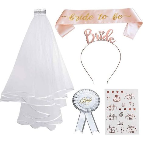 Ensemble écharpe « Future mariée » pour enterrement de vie de jeune fille : comprend une écharpe, un bandeau, un badge rosette et des tatouages éphémères pour la décoration de la fête prénuptiale. (1/5)