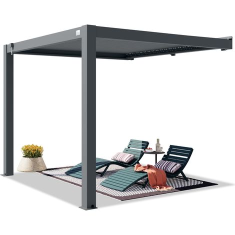 PRIMEYARD Terrassenüberdachung 3x3 m Aluminium-Pfosten mit Lamellendach aus Alu anthrazitfarbene Anbau-Pergola