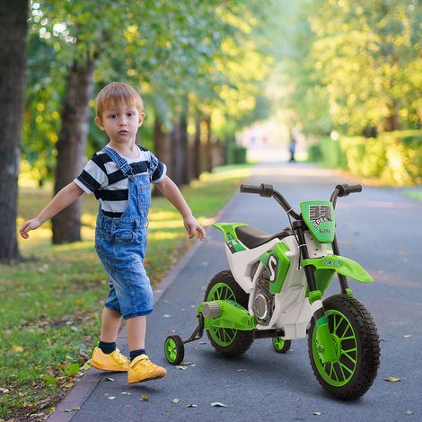 Moto électrique pour enfants. autonomie de 45 minutes. avec stabilisateurs. à partir de 3 ans. vert et blanc. 106.5 x 51.5 x 68 cm (1/5)