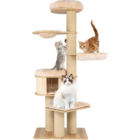 GOPLUS Arbre à Chat Multi-Niveaux, Tour à Chat avec Hamac, Panier, Niche, Griffoirs, Coussins Amovibles, Hauteur 191 cm, Beige