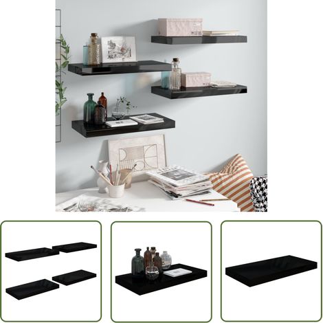 The Living Store Schweberegale 4 Stk. Hochglanz-Schwarz 50x23x3,8 cm MDF - Schweberegale - Wandregale - Schwarz - Regalset - Wohnwandgestaltung (1/5)